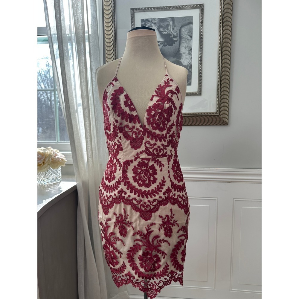 NBD Night Out Bodycon Embroidered Lace Burgundy Nude Coquette Glam Size S‎